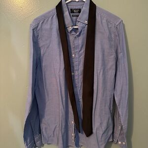 Original Penguin Men's Light Blue Button-Down Shirt with Black Tie Accent